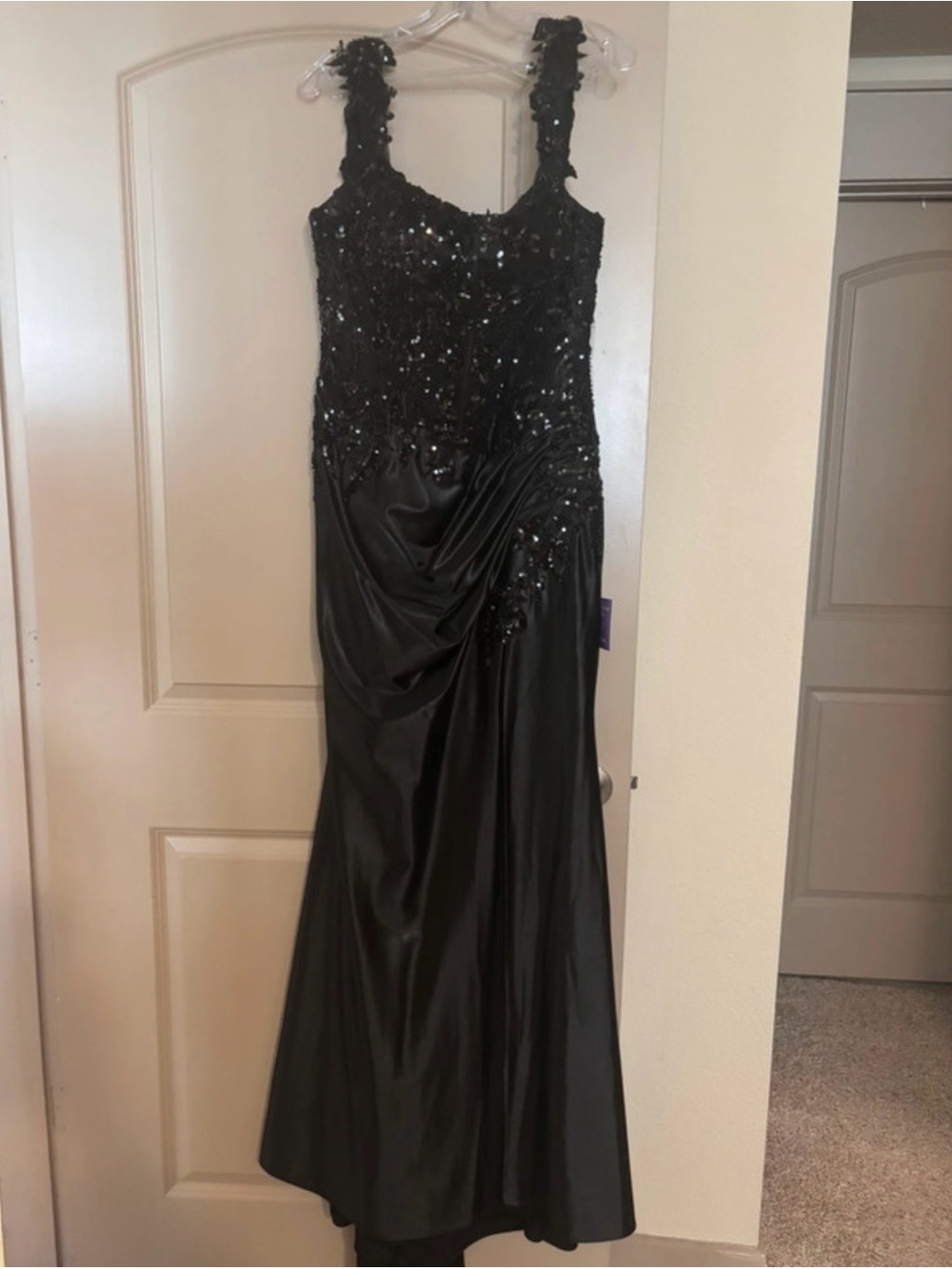 Elegant Black Embellished Maxi Dress with Draped Satin Skirt